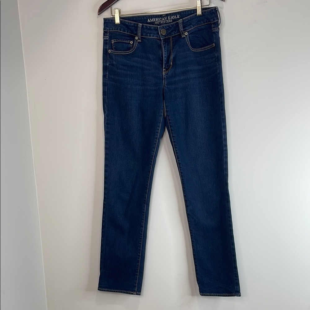 AMERICAN EAGLE Retro Low Rise Straight Stretch Jeans Blue Dark Wash Denim 10 - Picture 2 of 9